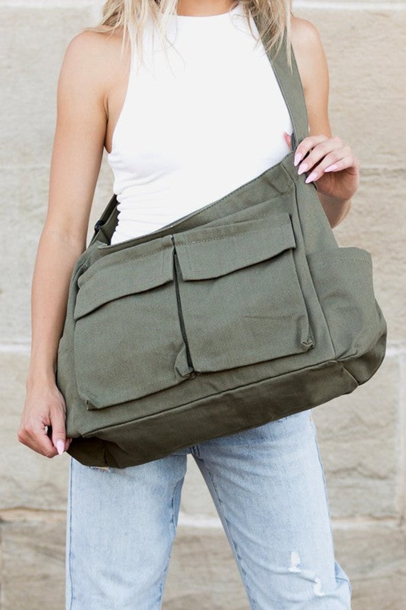 Damen Oversized Canvas Tote Bag Messenger Umhängetasche - Olive