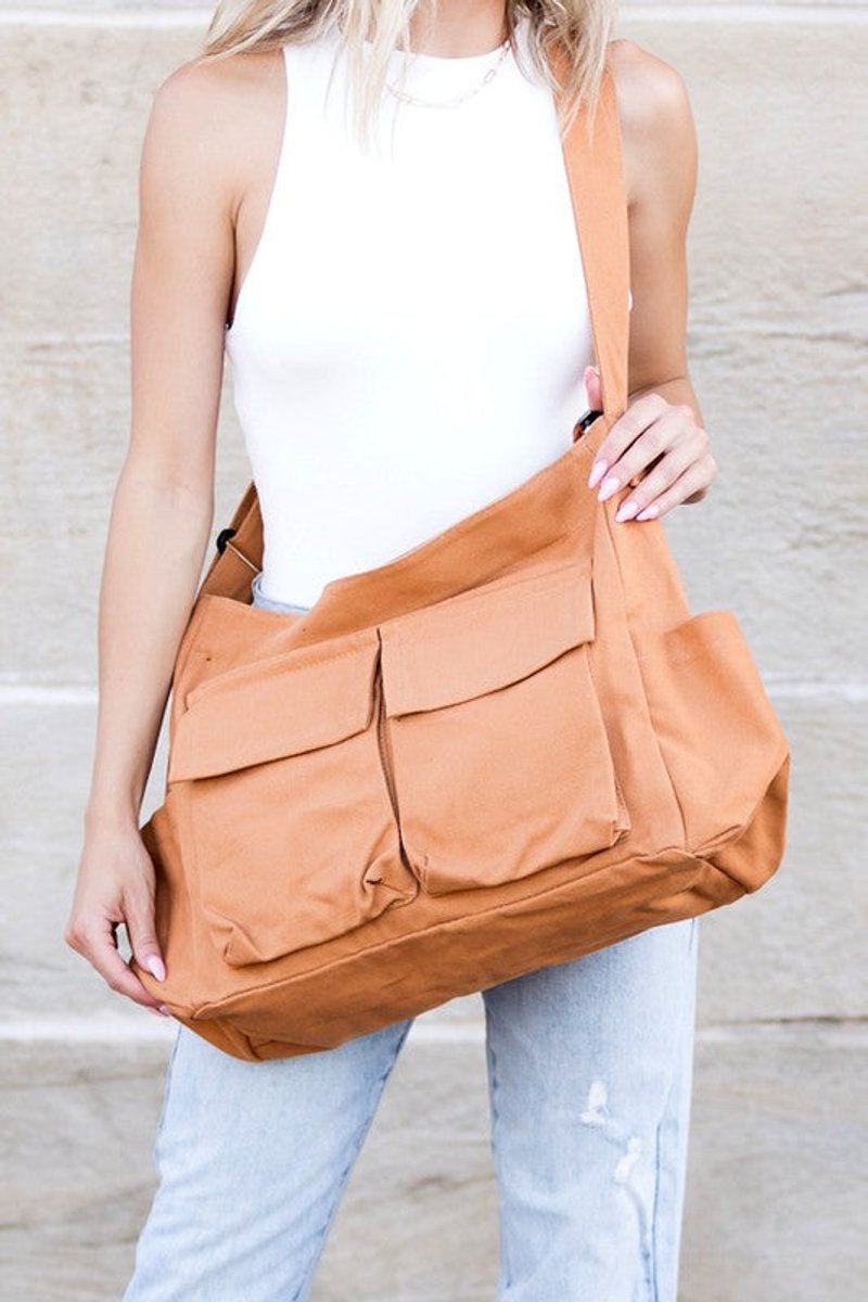 Damen Oversized Canvas Tote Bag Messenger Umhängetasche - Kamel