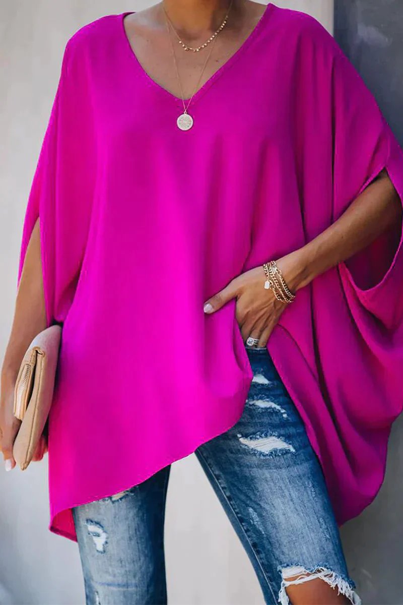Damen Oversized Fledermausärmel V-Ausschnitt Tunika - Rosa