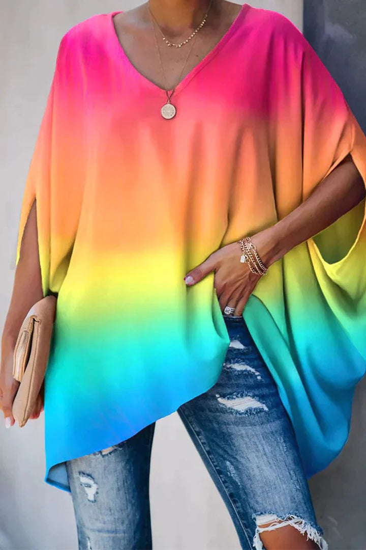 Damen Oversized Fledermausärmel V-Ausschnitt Tunika - Regenbogen
