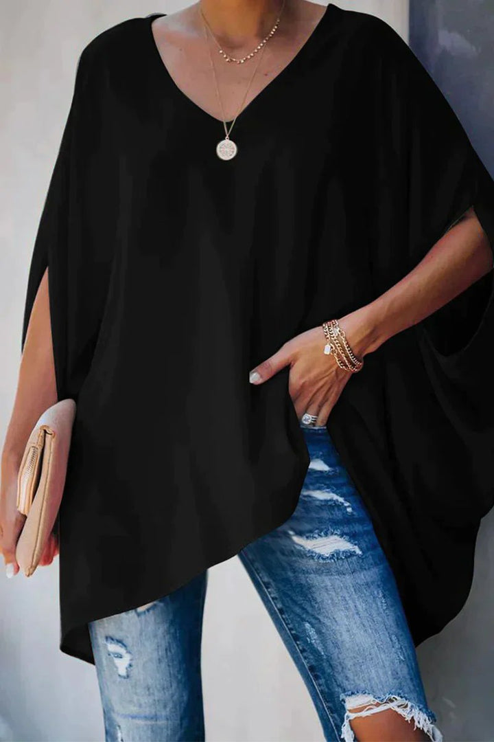 Damen Oversized Fledermausärmel V-Ausschnitt Tunika - Schwarz