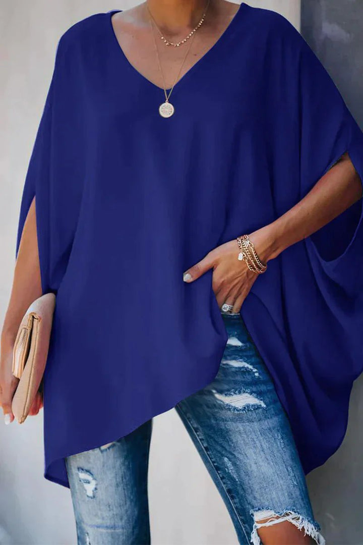 Damen Oversized Fledermausärmel V-Ausschnitt Tunika - Blau