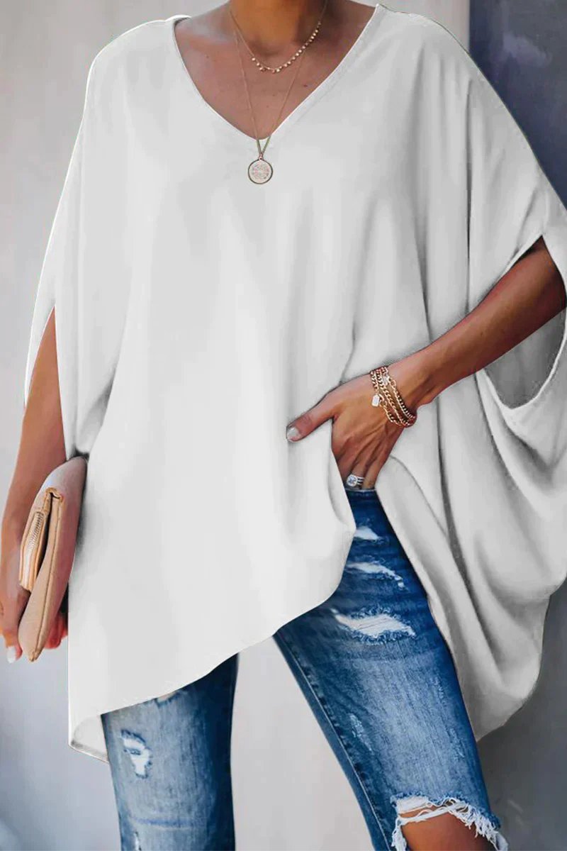 Damen Oversized Fledermausärmel V-Ausschnitt Tunika - Weiß