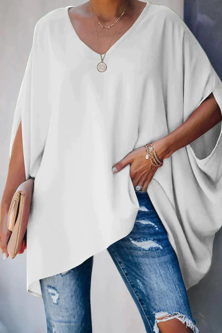 Damen Oversized Fledermausärmel V-Ausschnitt Tunika - Weiß
