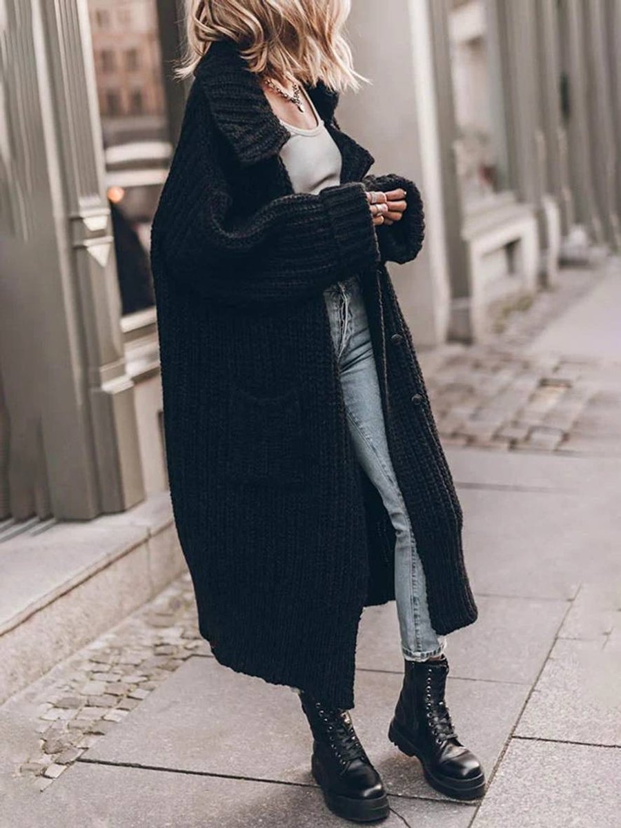 Damen Oversized Grobstrick-Cardigan mit Revers und Knopfleiste - Schwarz