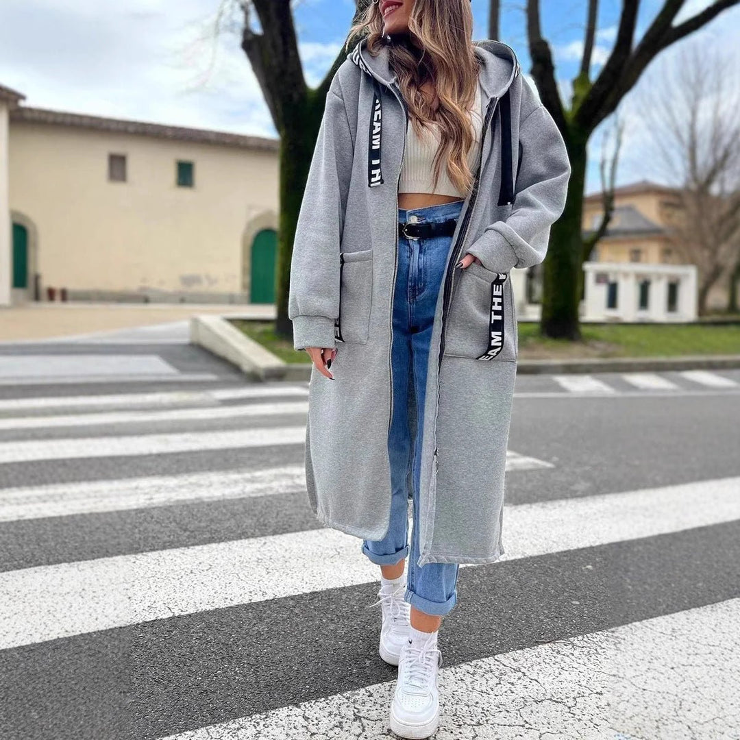 Damen Oversized Hoodie Women Coat Langer Kapuzenmantel - Grau