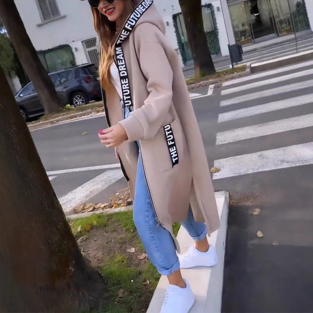 Damen Oversized Hoodie Women Coat Langer Kapuzenmantel - Beige