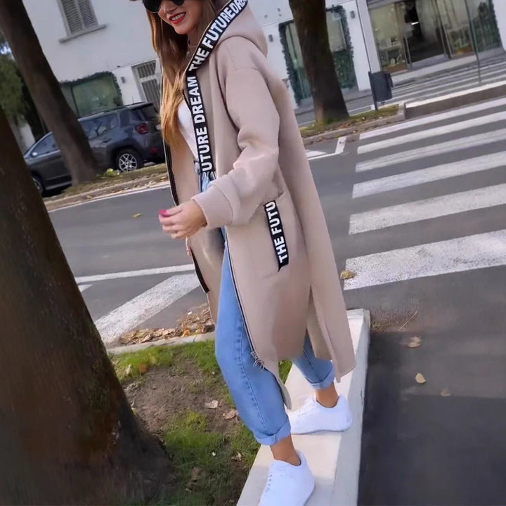 Damen Oversized Hoodie Women Coat Langer Kapuzenmantel - Beige