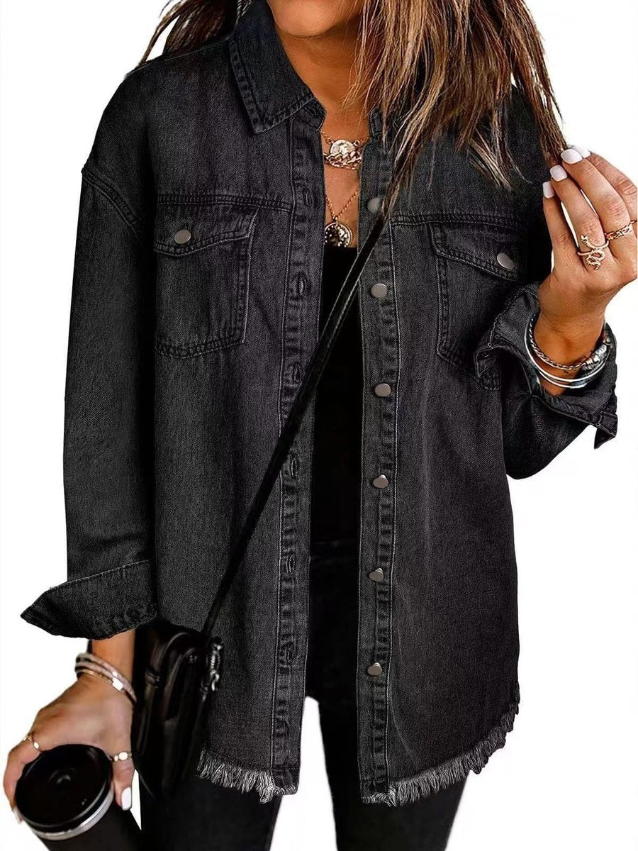 Damen Oversized Jeansjacke Langarm mit Knopfleiste Fransen-Saum - Schwarz