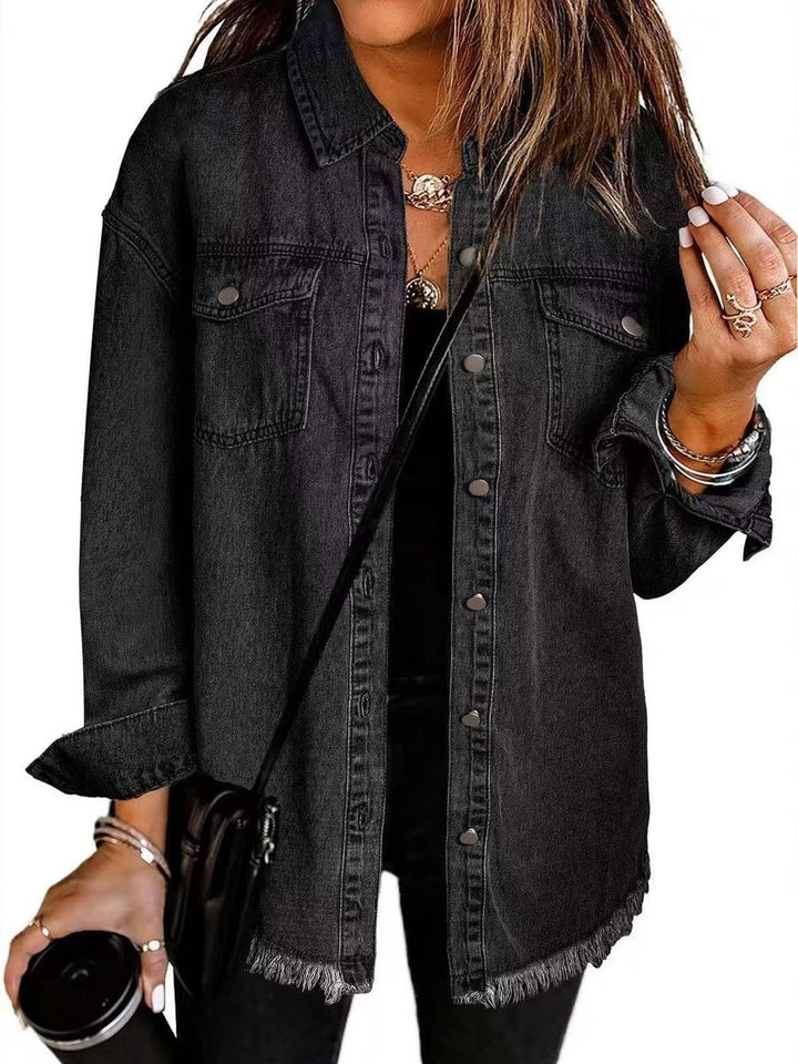 Damen Oversized Jeansjacke Langarm mit Knopfleiste Fransen-Saum - Schwarz