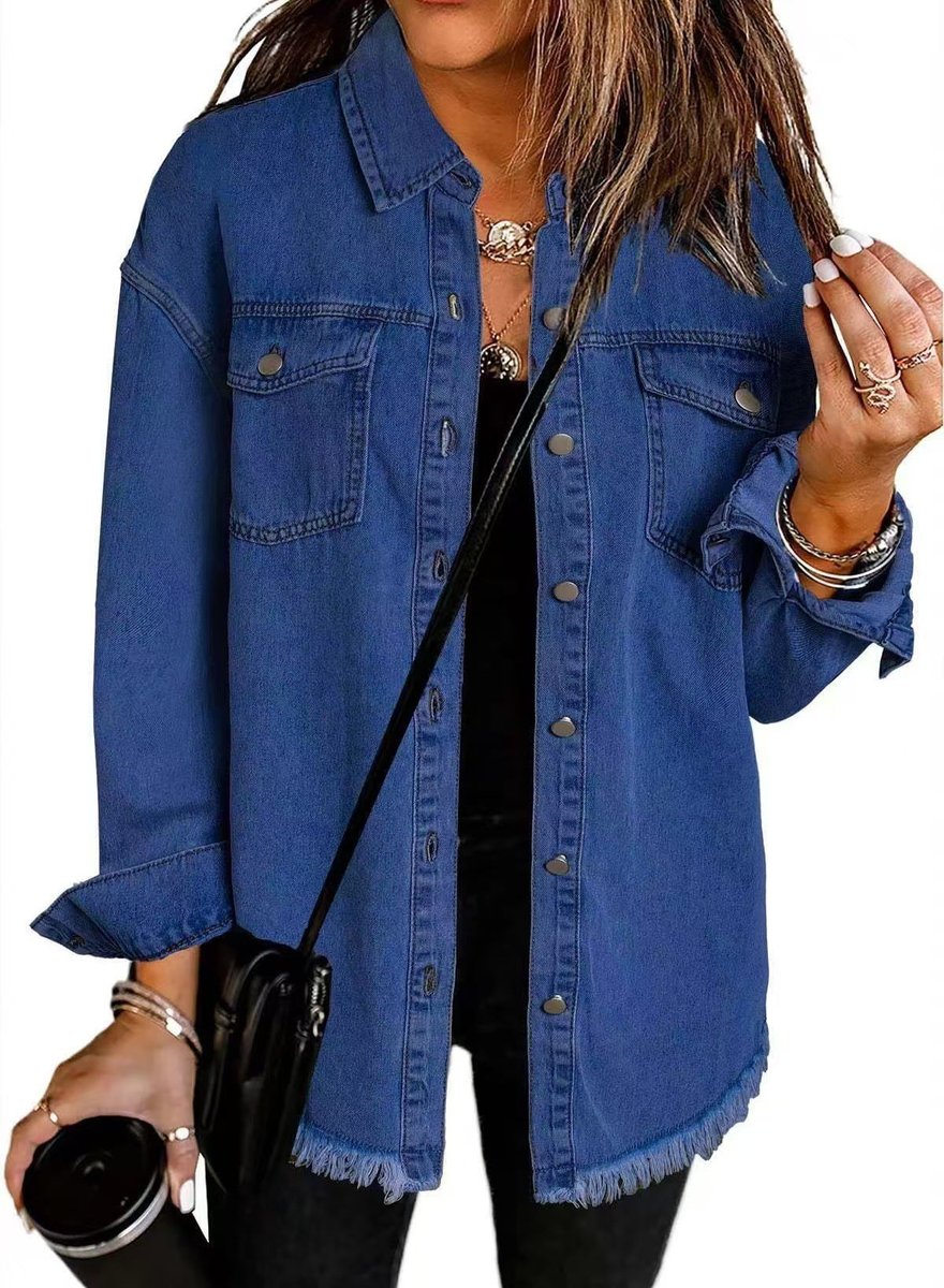 Damen Oversized Jeansjacke Langarm mit Knopfleiste Fransen-Saum - Dunkelblau