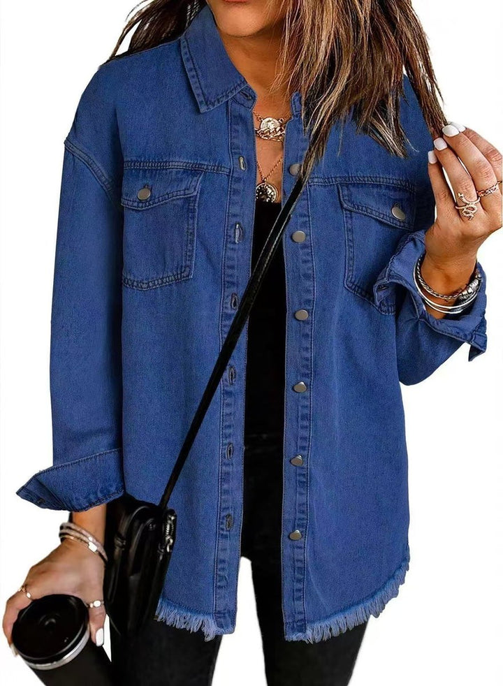 Damen Oversized Jeansjacke Langarm mit Knopfleiste Fransen-Saum - Dunkelblau
