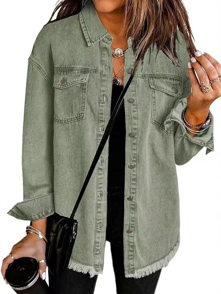 Damen Oversized Jeansjacke Langarm mit Knopfleiste Fransen-Saum - Olivgrün