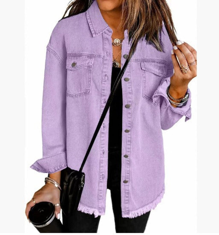 Damen Oversized Jeansjacke Langarm mit Knopfleiste Fransen-Saum