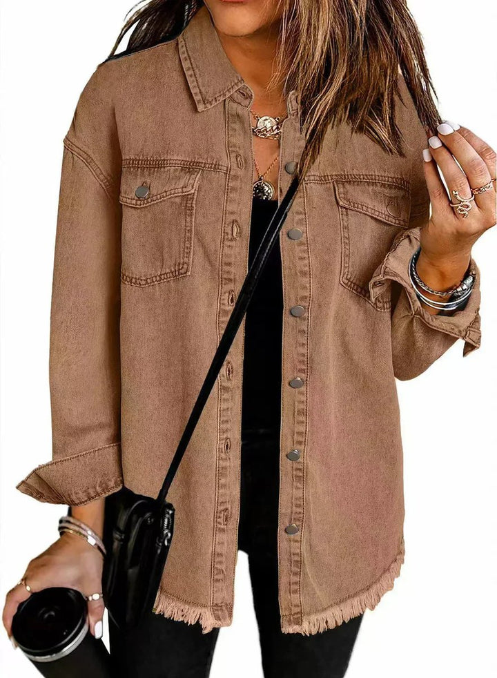 Damen Oversized Jeansjacke Langarm mit Knopfleiste Fransen-Saum - Braun