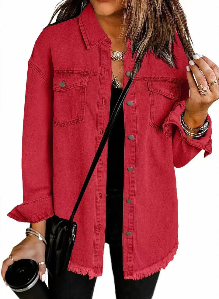 Damen Oversized Jeansjacke Langarm mit Knopfleiste Fransen-Saum - Rot
