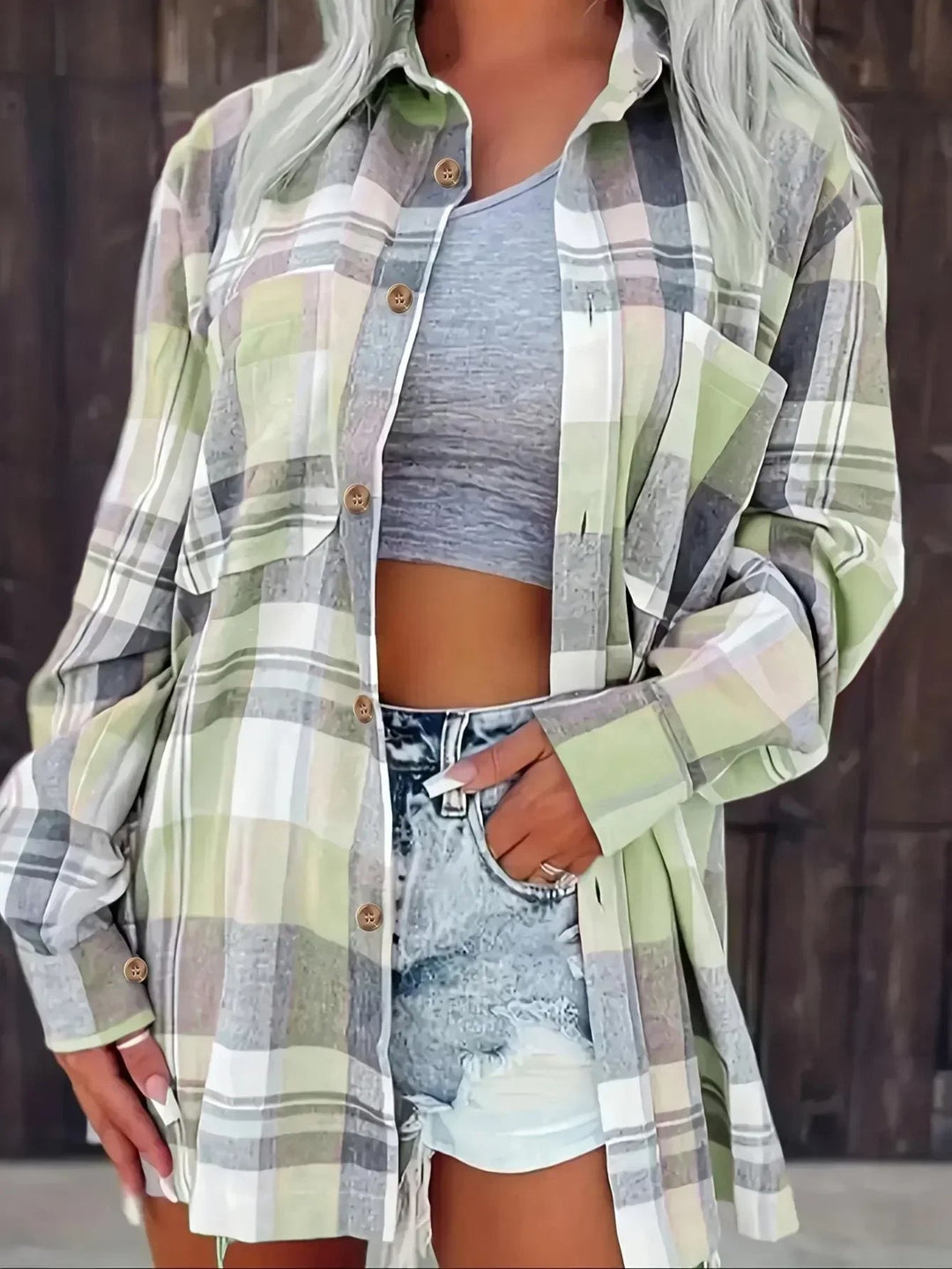 Damen Oversized Kariertes Flanell Langarm Buttondown Hemd - Green