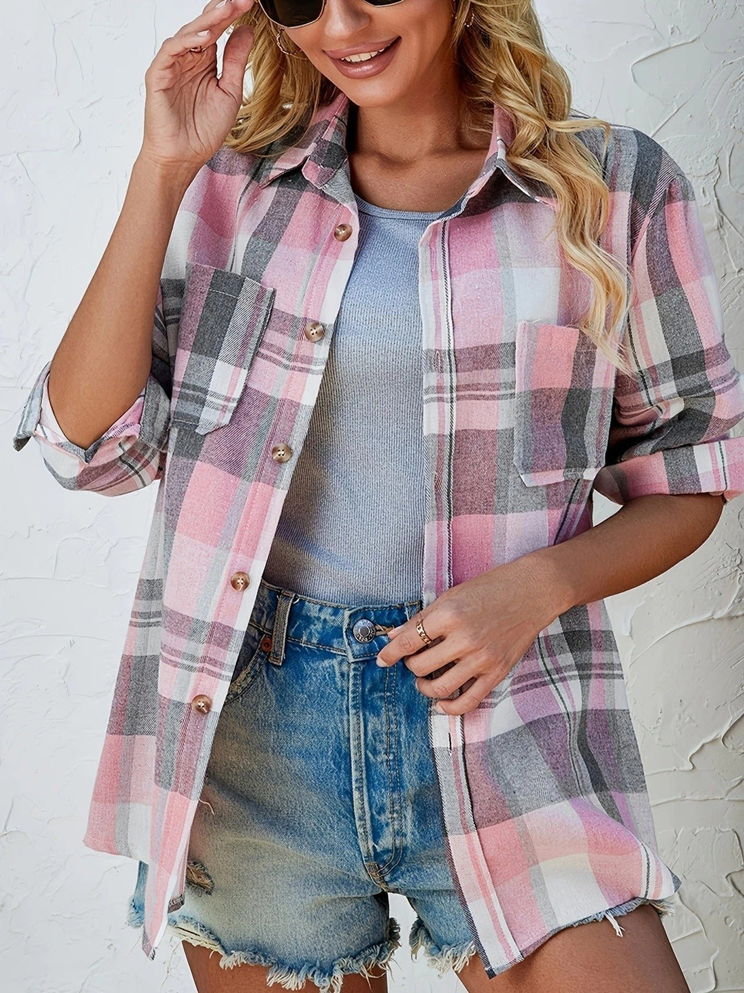 Damen Oversized Kariertes Flanell Langarm Buttondown Hemd