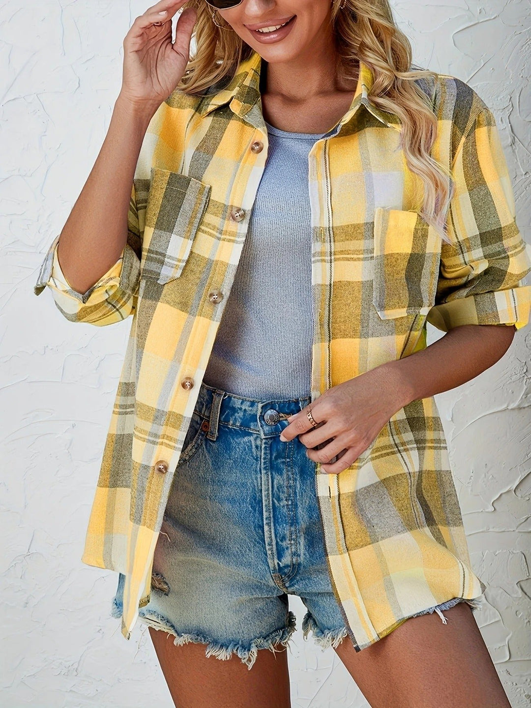Damen Oversized Kariertes Flanell Langarm Buttondown Hemd