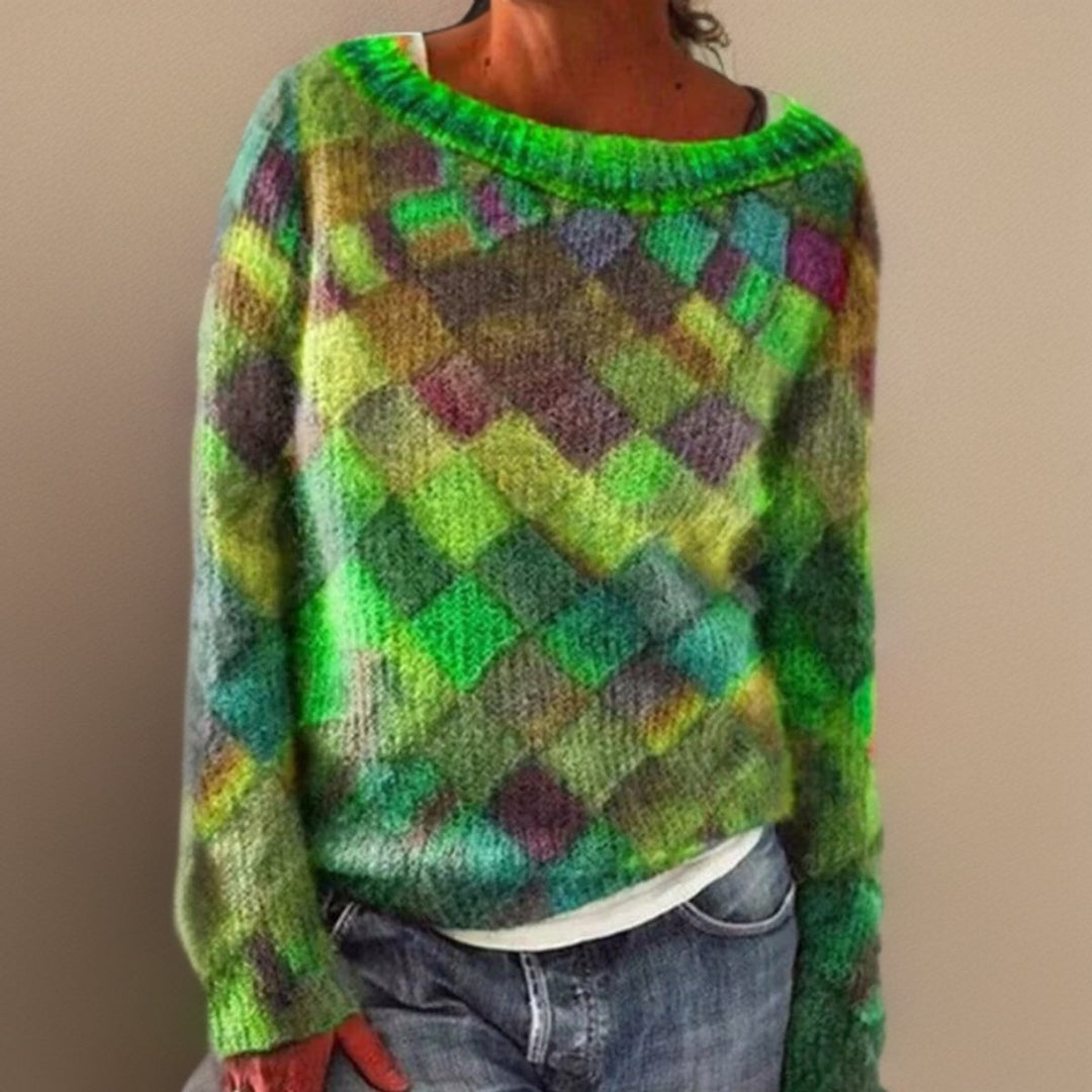 Damen Oversized Knit Sweater Rautenmuster Bunt Strickpullover - Grün