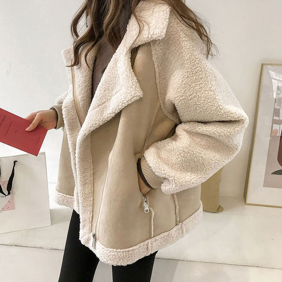 Damen Oversized Kunstlammfell Jacke aus weichem Faux-Shearling - Beige