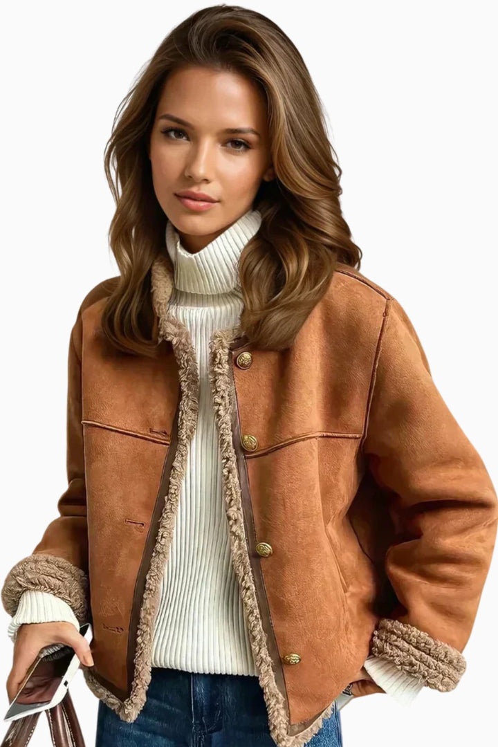 Damen Oversized Kunstleder-Shearling-Jacke mit Knopfleiste
