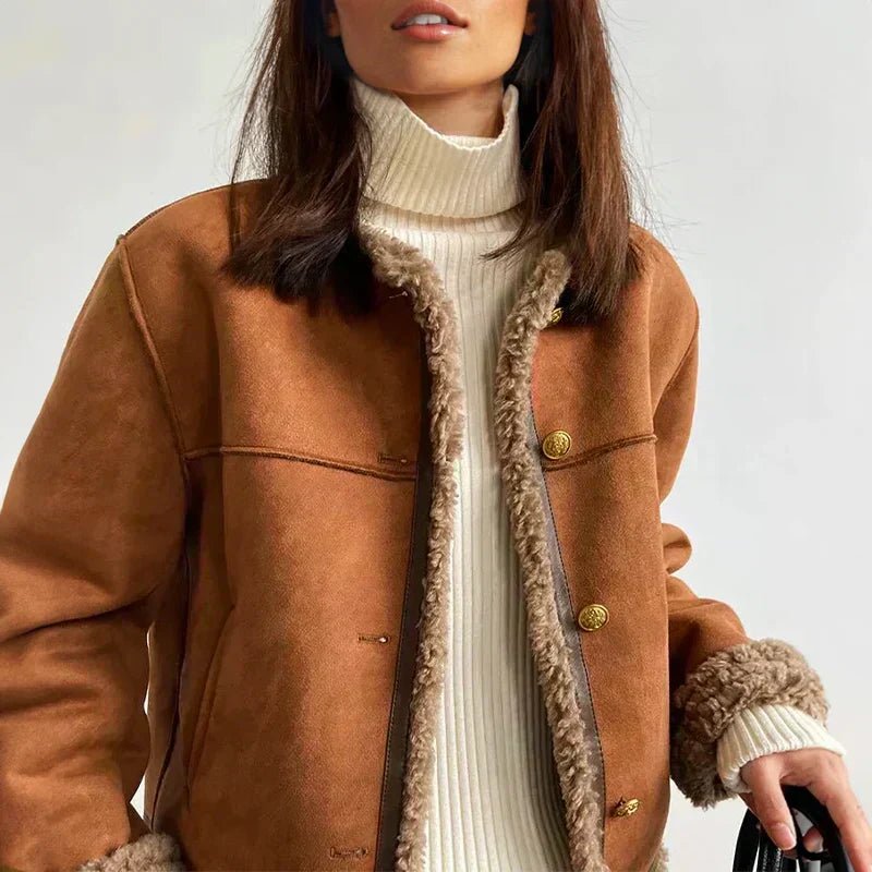 Damen Oversized Kunstleder-Shearling-Jacke mit Knopfleiste