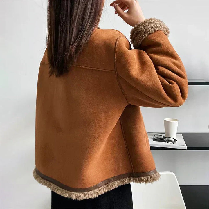 Damen Oversized Kunstleder-Shearling-Jacke mit Knopfleiste