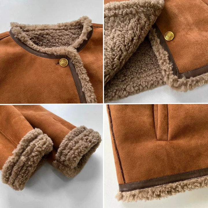 Damen Oversized Kunstleder-Shearling-Jacke mit Knopfleiste