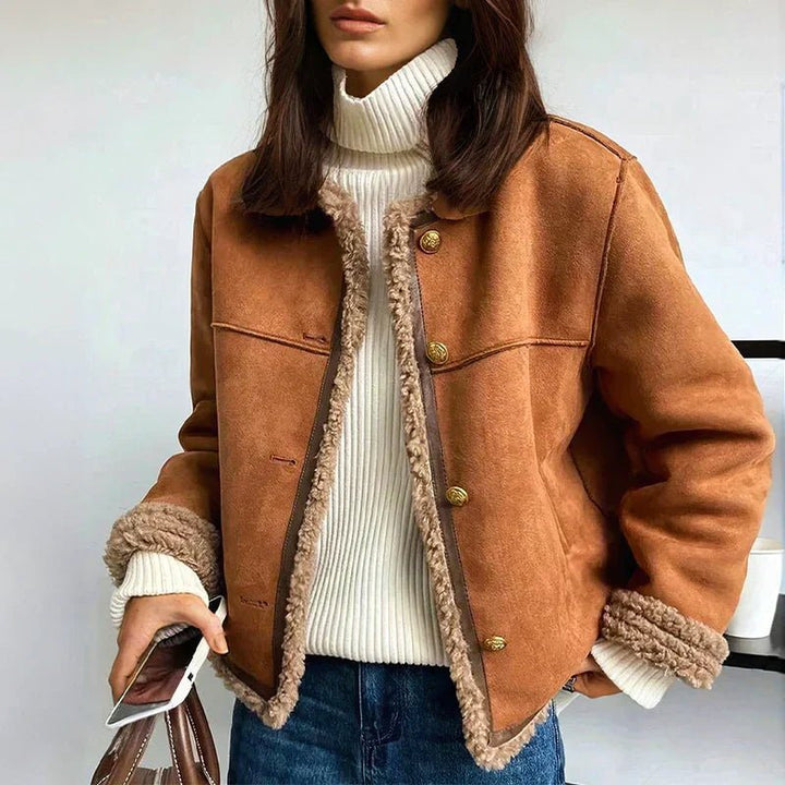 Damen Oversized Kunstleder-Shearling-Jacke mit Knopfleiste - Brown