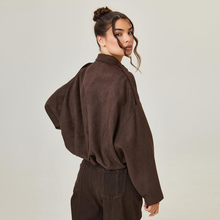 Damen Oversized Kunstwildleder Bomberjacke Vintage-Schnitt