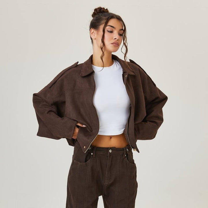 Damen Oversized Kunstwildleder Bomberjacke Vintage-Schnitt - Braun