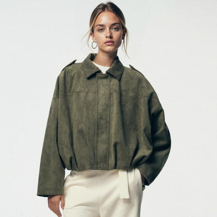 Damen Oversized Kunstwildleder Bomberjacke Vintage-Schnitt - Olivgrün