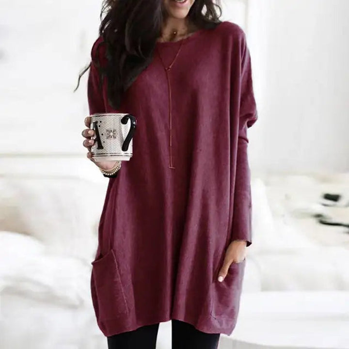 Damen Oversized Langarm Tunika mit Taschen Rundhals Pullover