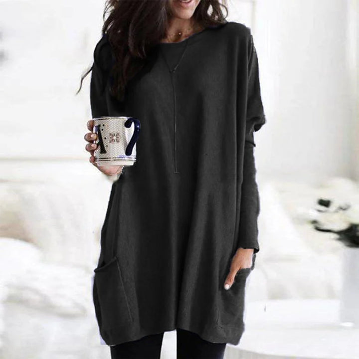 Damen Oversized Langarm Tunika mit Taschen Rundhals Pullover - Schwarz