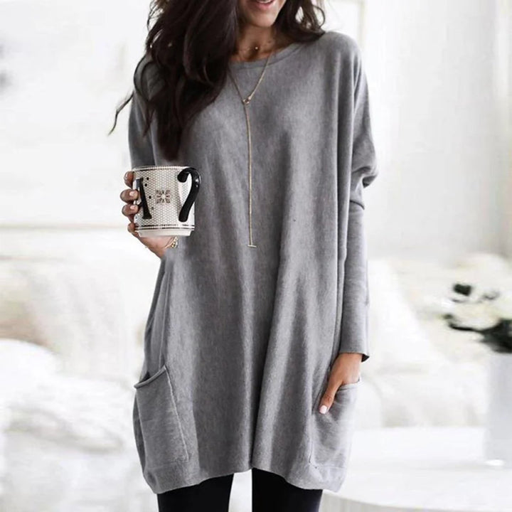 Damen Oversized Langarm Tunika mit Taschen Rundhals Pullover - Grau