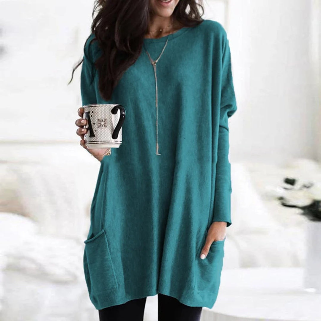 Damen Oversized Langarm Tunika mit Taschen Rundhals Pullover - Türkis