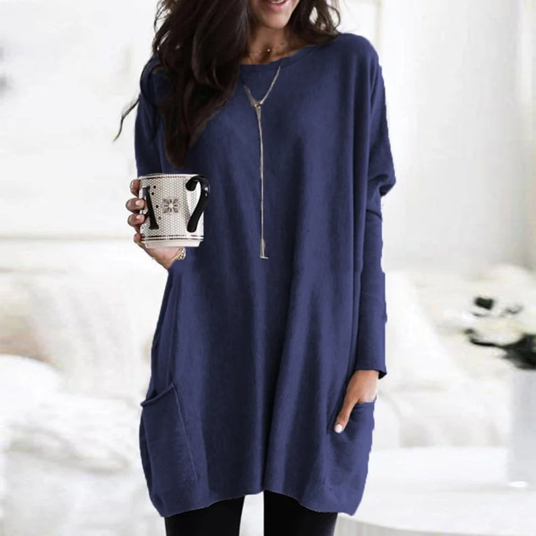 Damen Oversized Langarm Tunika mit Taschen Rundhals Pullover - Marineblau