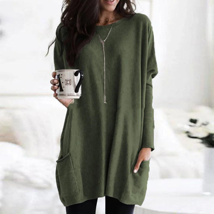 Damen Oversized Langarm Tunika mit Taschen Rundhals Pullover - Olivgrün