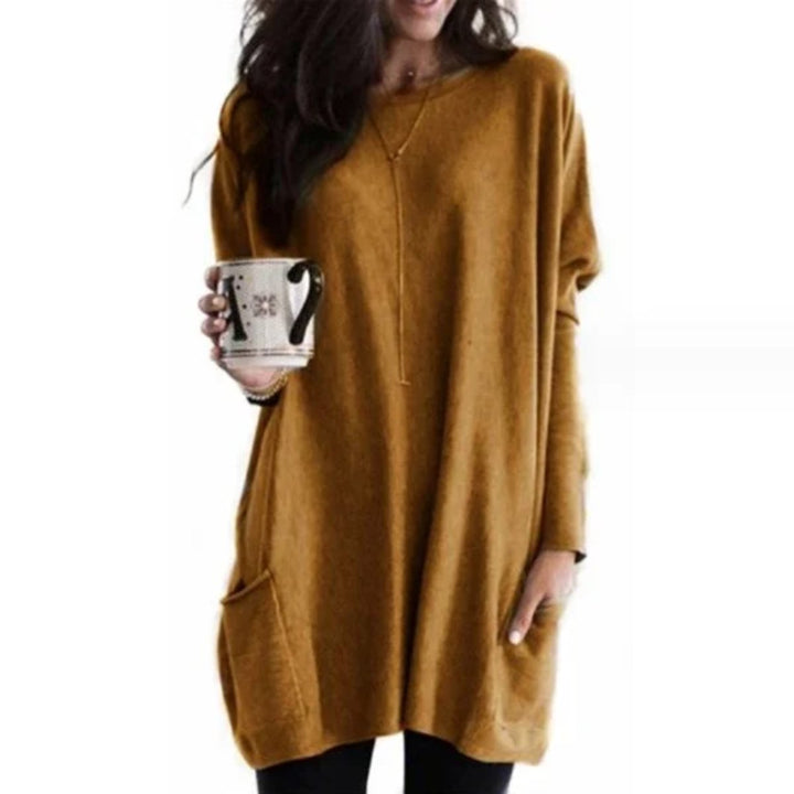 Damen Oversized Langarm Tunika mit Taschen Rundhals Pullover - Braun