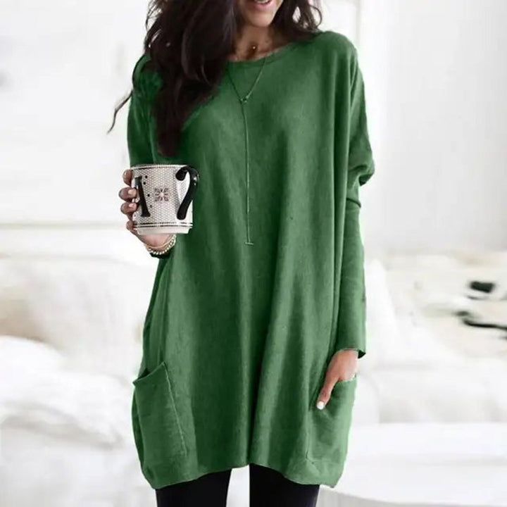 Damen Oversized Langarm Tunika mit Taschen Rundhals Pullover