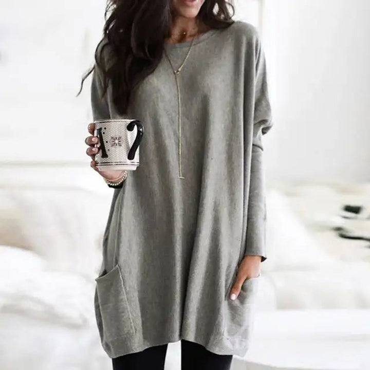 Damen Oversized Langarm Tunika mit Taschen Rundhals Pullover