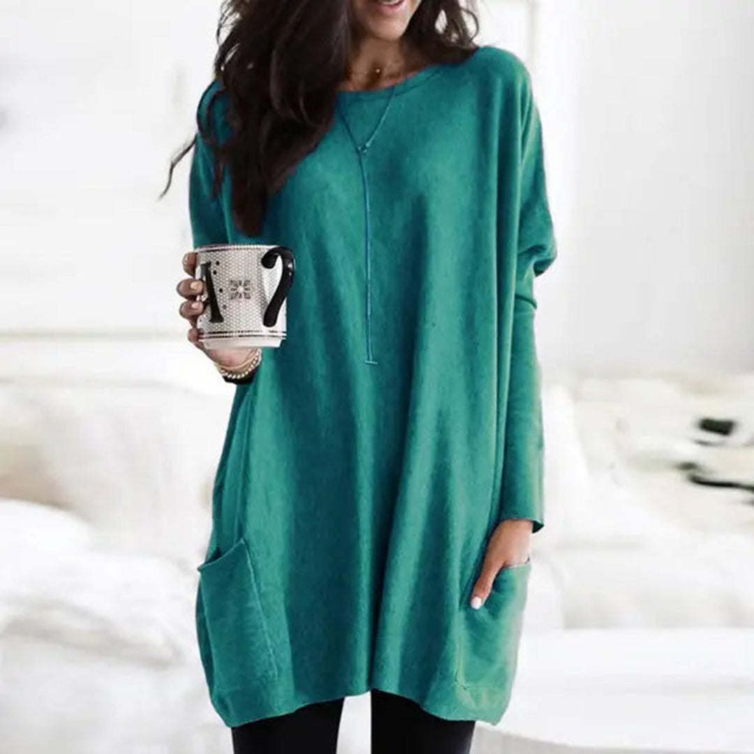 Damen Oversized Langarm Tunika mit Taschen Rundhals Pullover