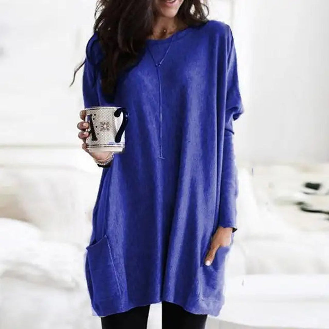 Damen Oversized Langarm Tunika mit Taschen Rundhals Pullover