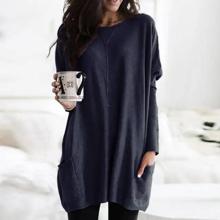 Damen Oversized Langarm Tunika mit Taschen Rundhals Pullover
