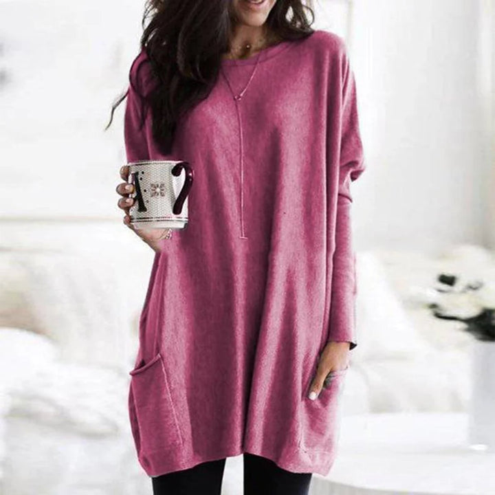 Damen Oversized Langarm Tunika mit Taschen Rundhals Pullover - Rosa