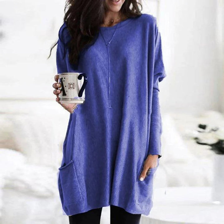 Damen Oversized Langarm Tunika mit Taschen Rundhals Pullover - Blau
