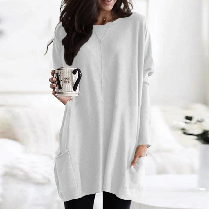 Damen Oversized Langarm Tunika mit Taschen Rundhals Pullover - Weiß