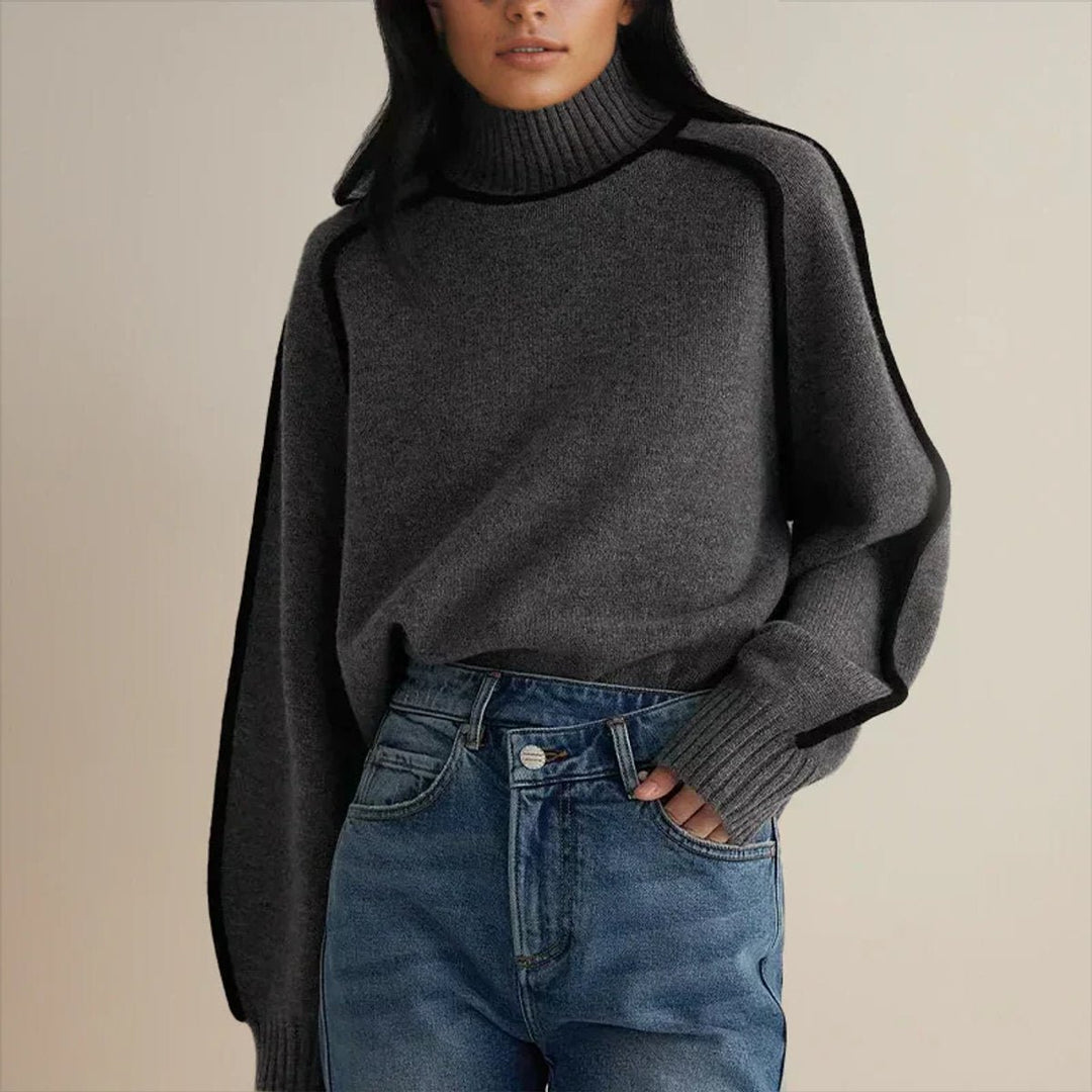 Damen Oversized Rollkragen Sweater Zweifarbig Strickpullover - Grau