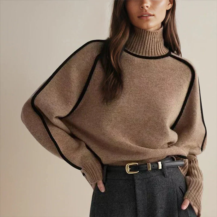 Damen Oversized Rollkragen Sweater Zweifarbig Strickpullover